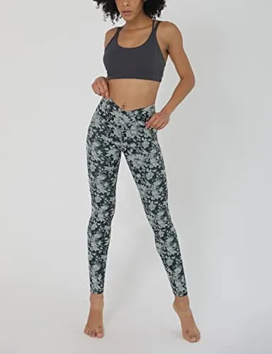 ODODOS Women's Cross Waist Yoga Leggings with Pockets, No See-Through Workout Running Pants-Inseam 28", Floral Charcoal, Small