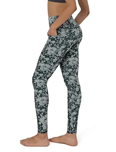 ODODOS Women's Cross Waist Yoga Leggings with Pockets, No See-Through Workout Running Pants-Inseam 28", Floral Charcoal, Small