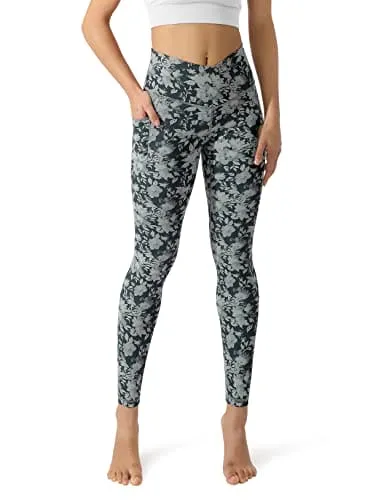 ODODOS Women's Cross Waist Yoga Leggings with Pockets, No See-Through Workout Running Pants-Inseam 28", Floral Charcoal, Small