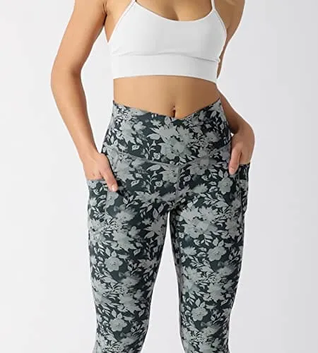 ODODOS Women's Cross Waist Yoga Leggings with Pockets, No See-Through Workout Running Pants-Inseam 28", Floral Charcoal, Small