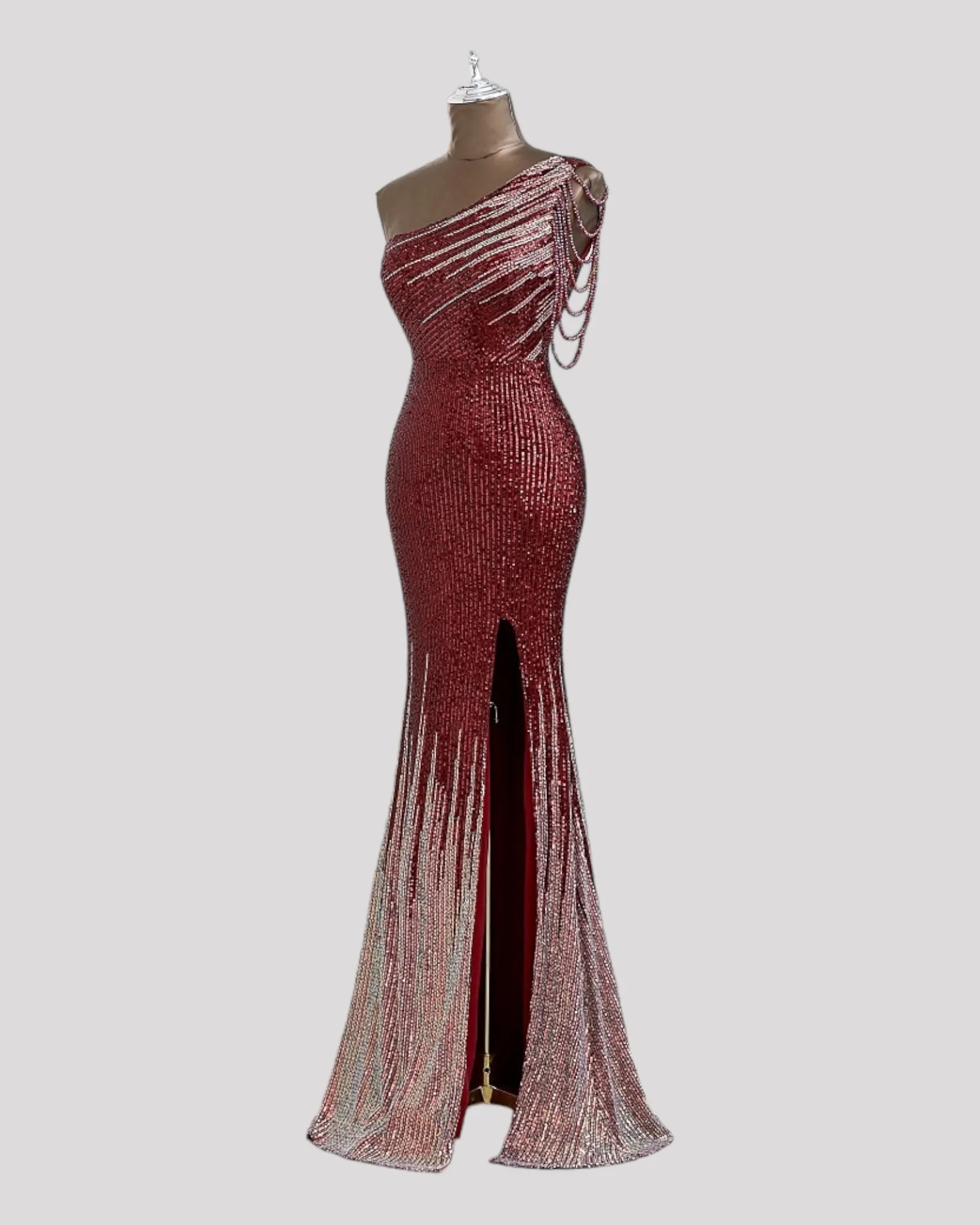 One Shoulder Evening Dress in a 2 Tone Sequin Fabric with Shoulder Beading Draping, Available in 6 colours