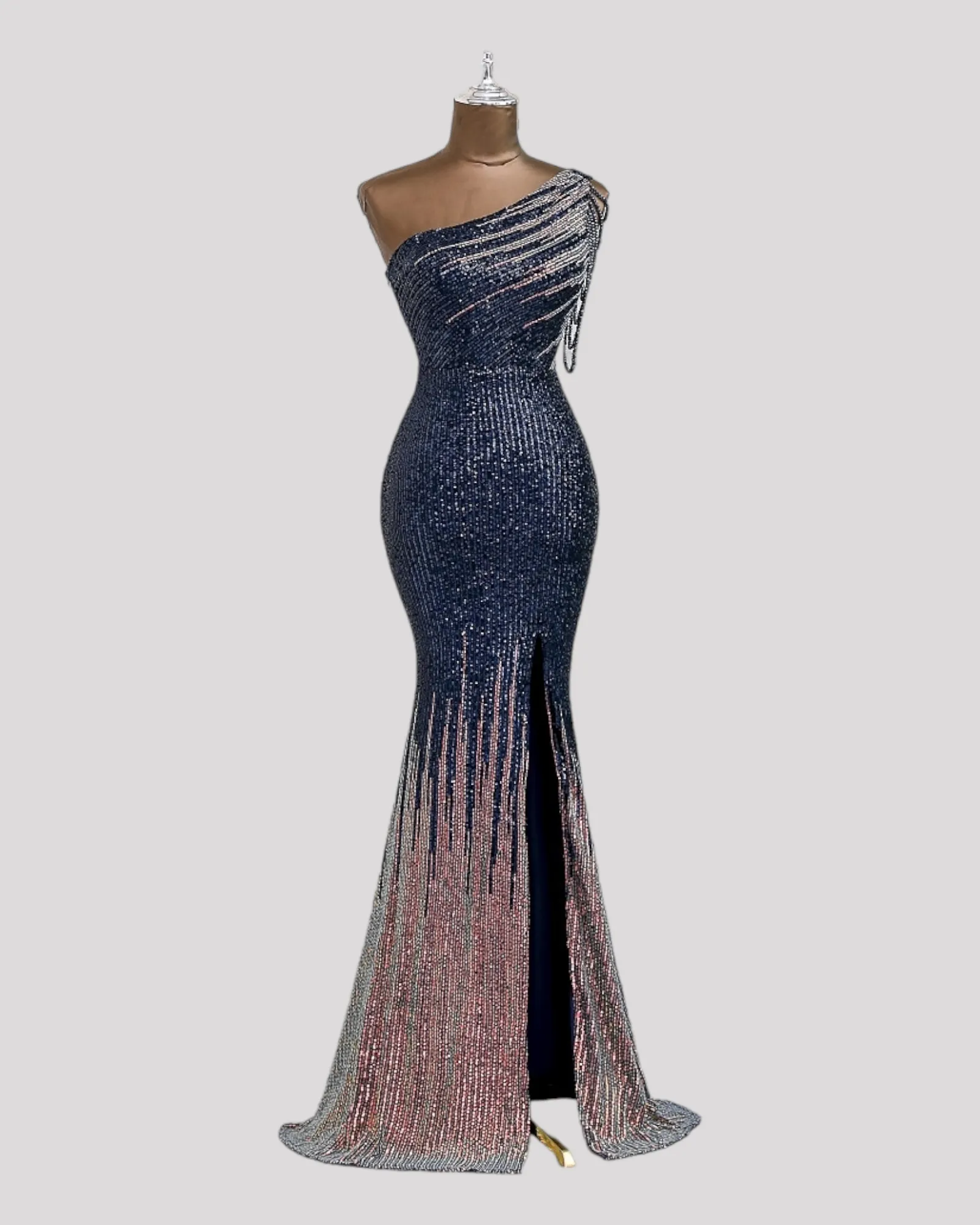 One Shoulder Evening Dress in a 2 Tone Sequin Fabric with Shoulder Beading Draping, Available in 6 colours