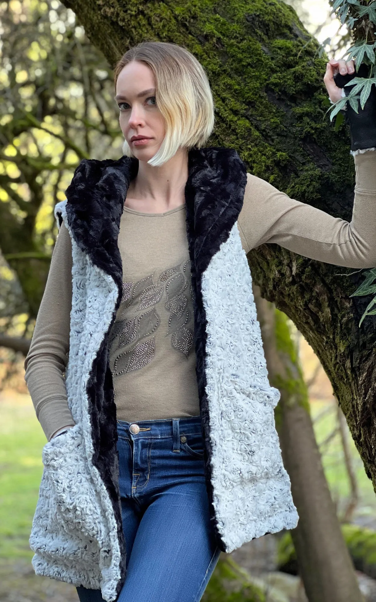 Oversized Hooded Vest, Reversible less pockets - Assorted Faux Fur Combos