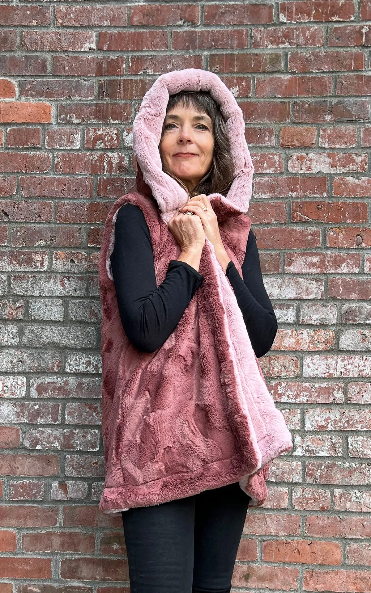 Oversized Hooded Vest, Reversible less pockets - Assorted Faux Fur Combos