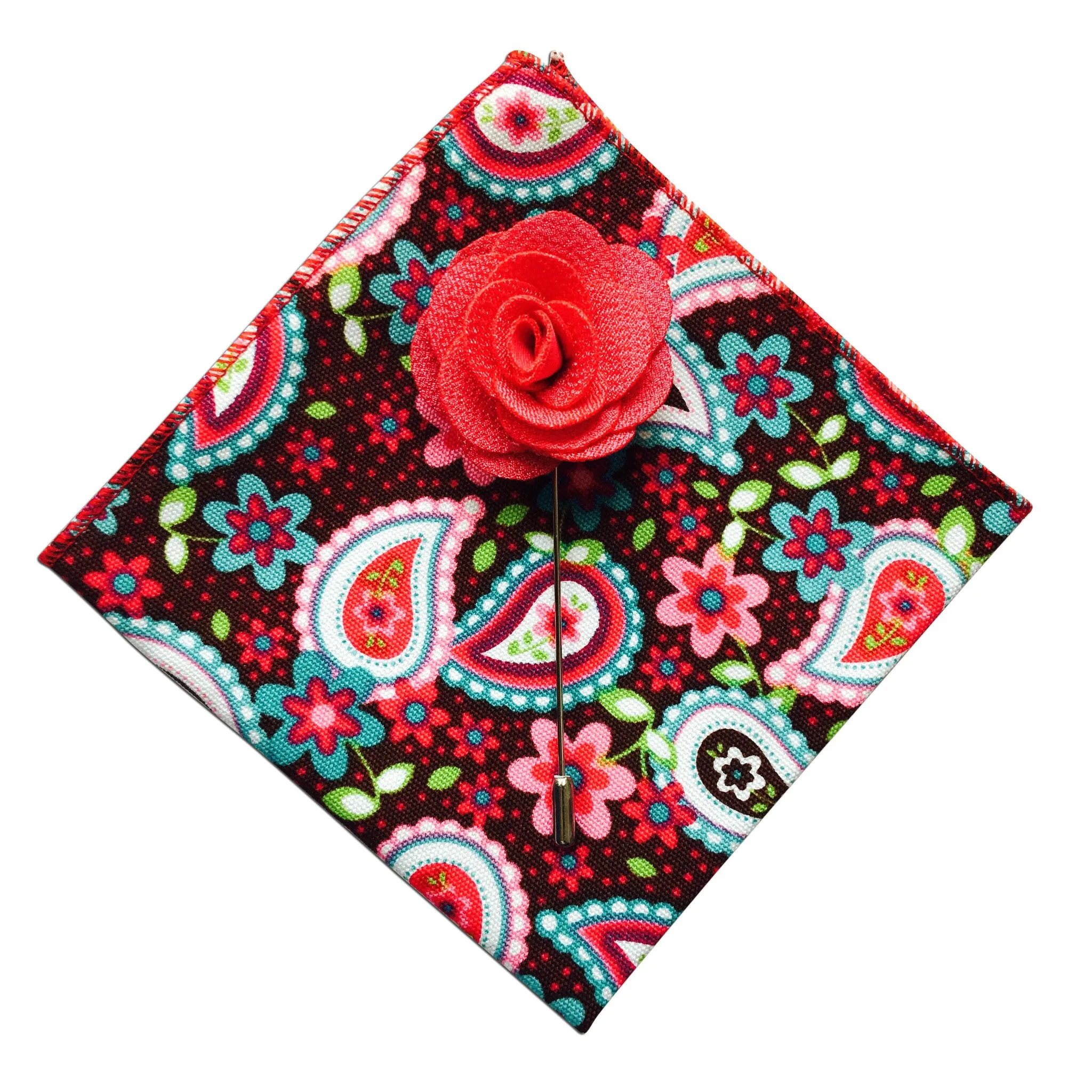 Paisley Pocket Square   Pink Lapel Pin