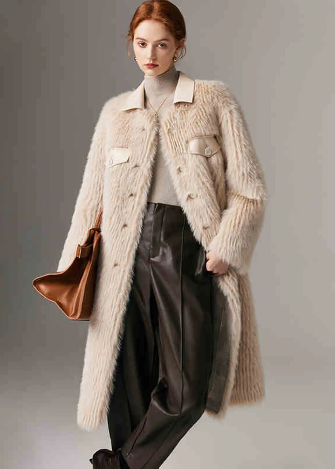 Patchwork Leather Collar Faux Fur Fleece Long Coat