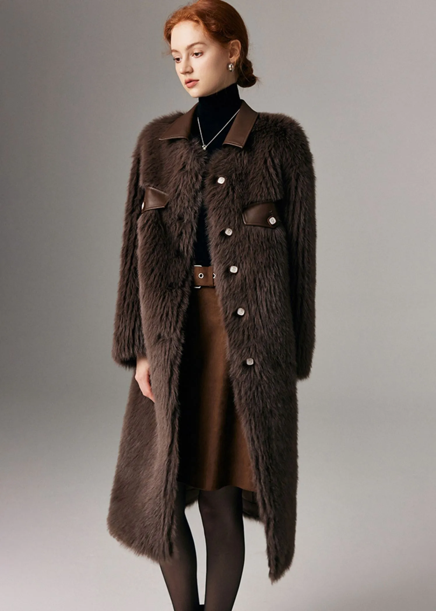 Patchwork Leather Collar Faux Fur Fleece Long Coat