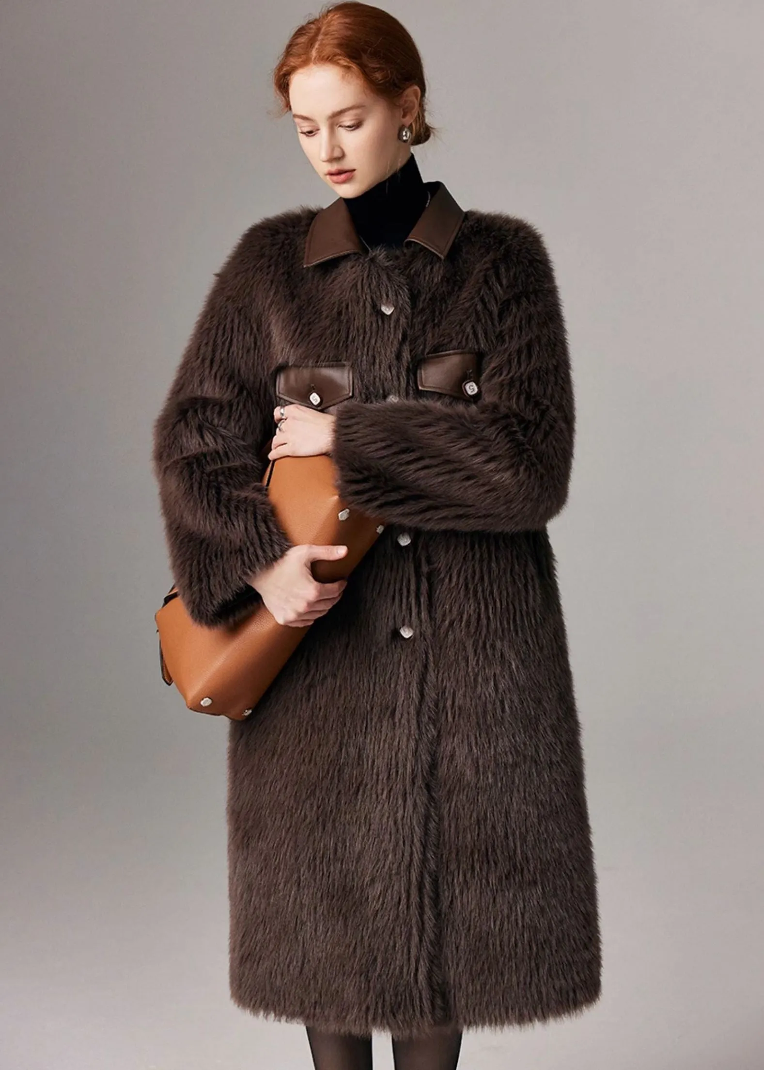 Patchwork Leather Collar Faux Fur Fleece Long Coat