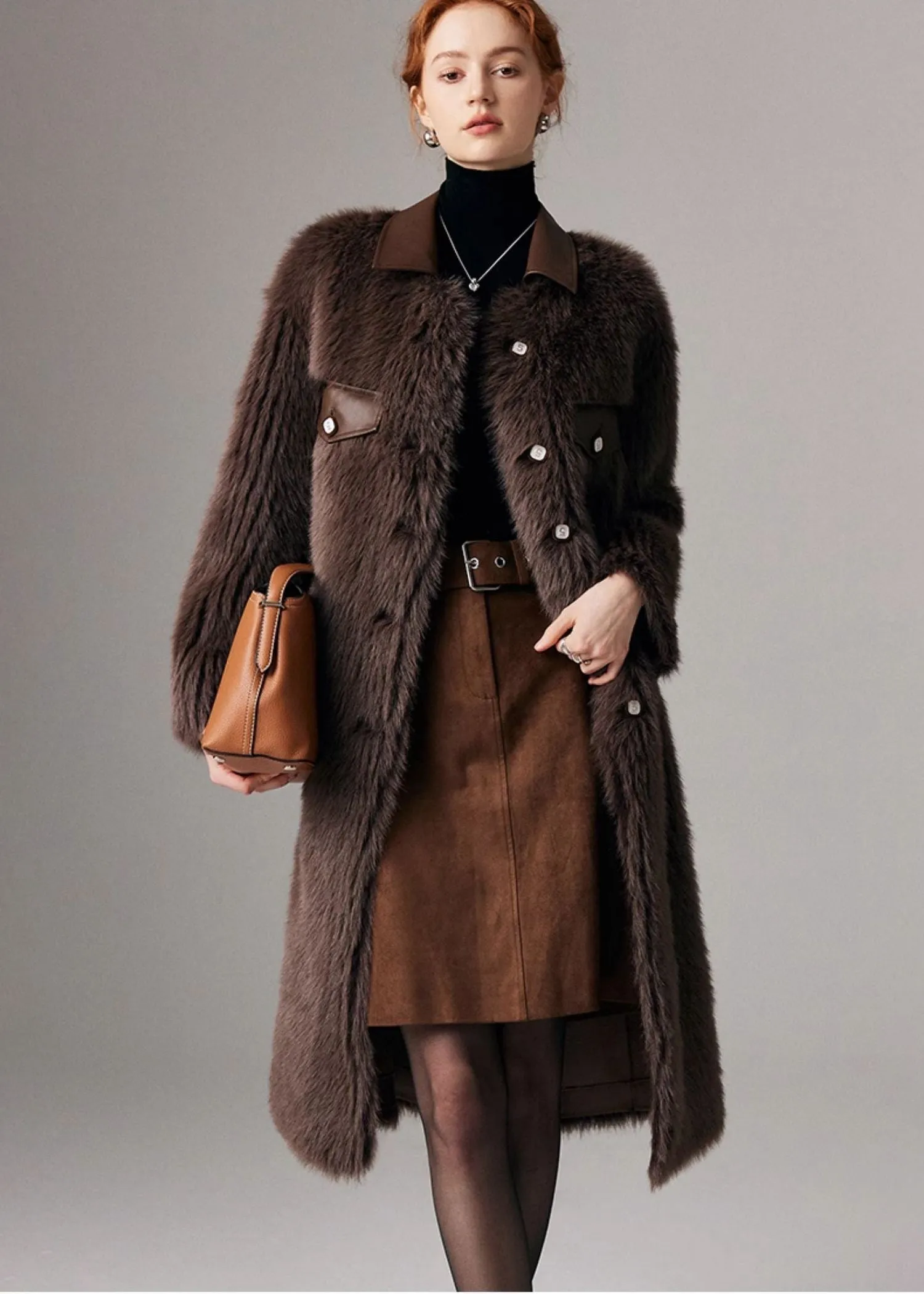 Patchwork Leather Collar Faux Fur Fleece Long Coat