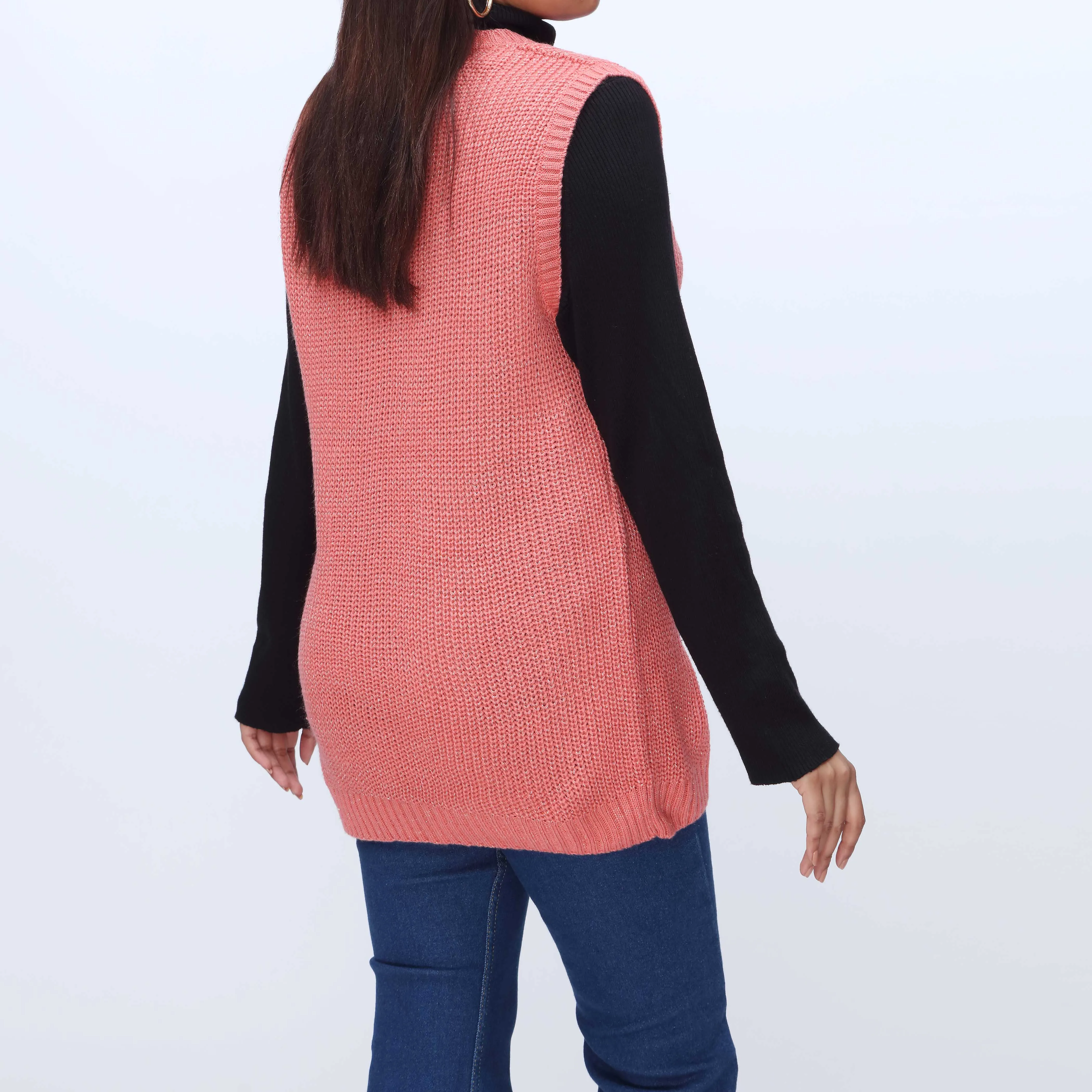 Peach V Neck Sleeveless Pullover Sweater PW3903