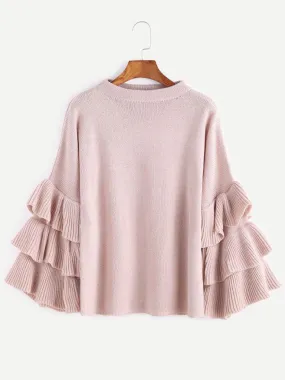 Pink Layered Ruffle Sleeve Pullover Sweater