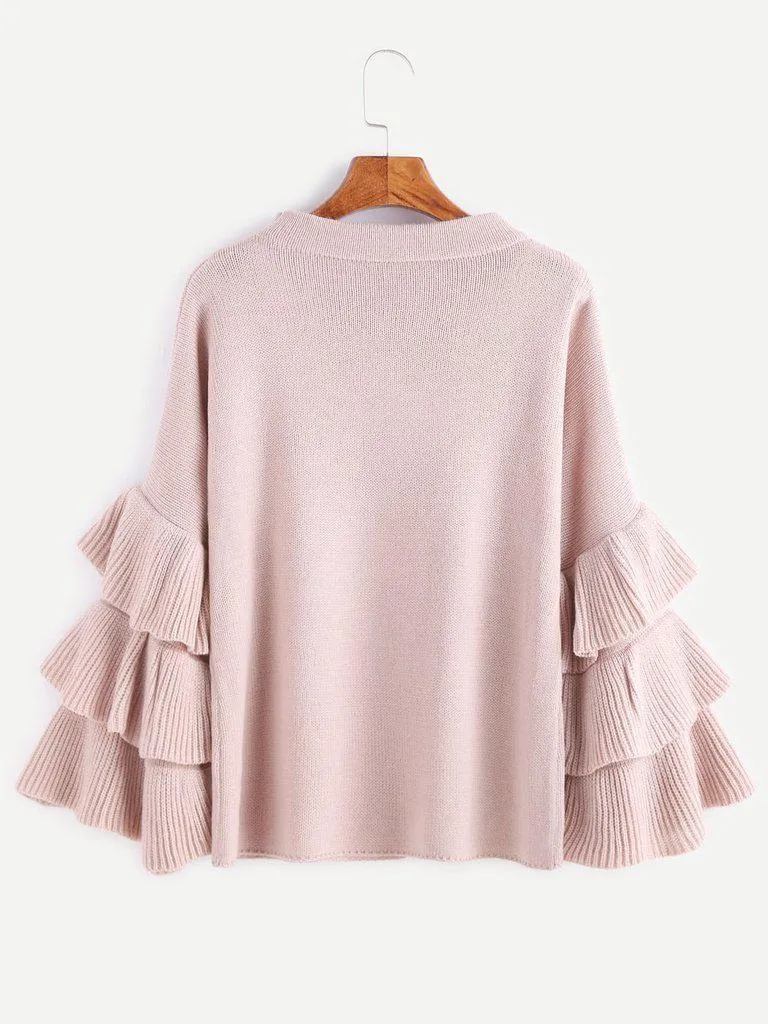 Pink Layered Ruffle Sleeve Pullover Sweater