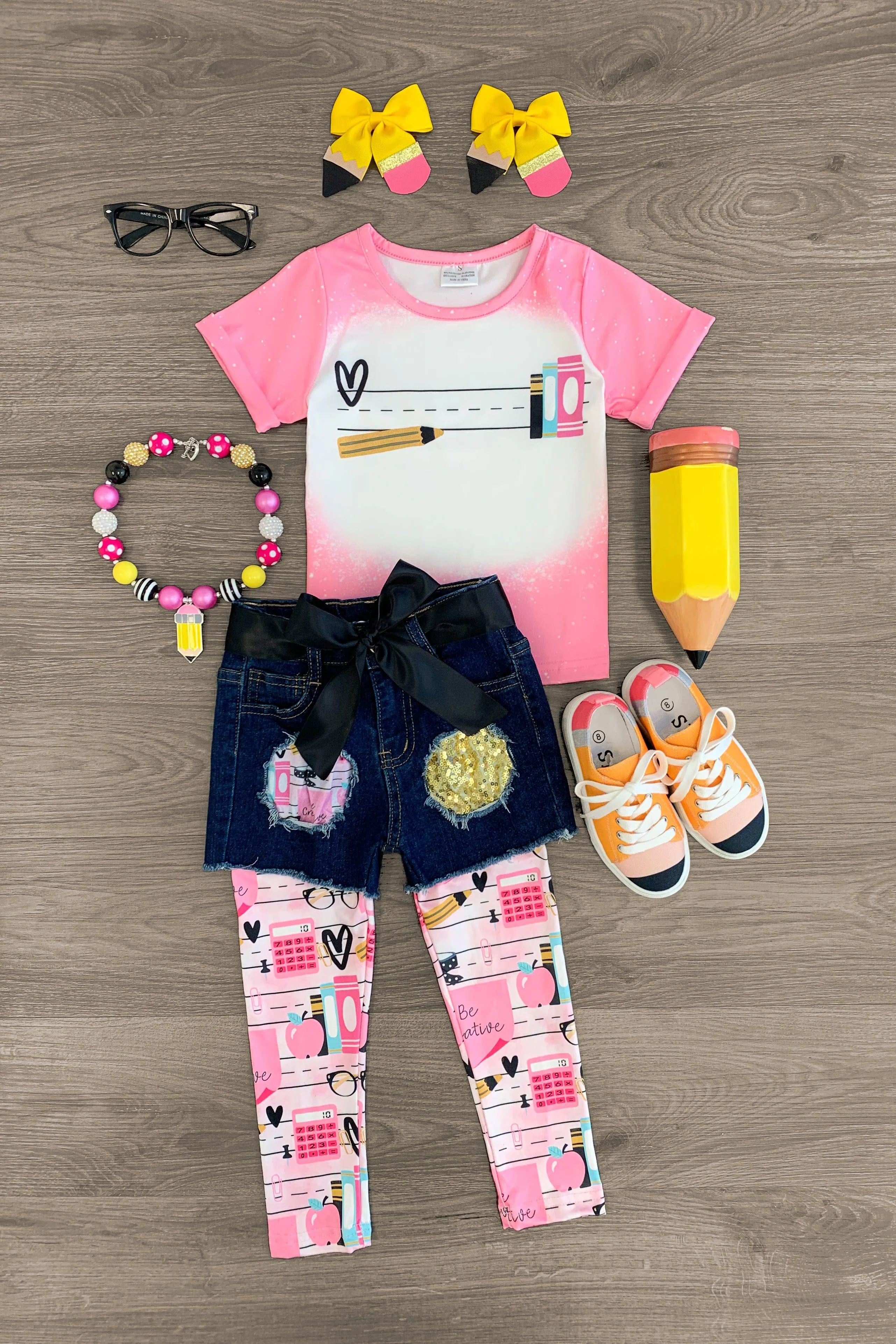 Pink Notebook Legging & Denim Short Set