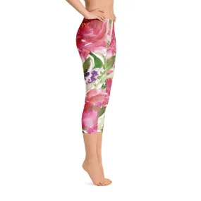 Pink Rose Flower Capris Tights, Girlie Floral Women's Athletic Capri Leggings Activewear - Made in USA