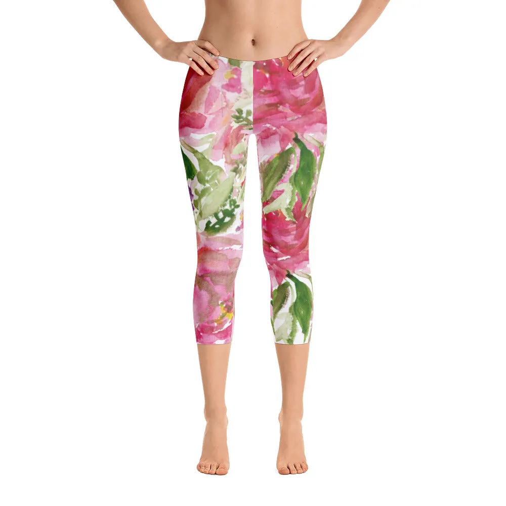 Pink Rose Flower Capris Tights, Girlie Floral Women's Athletic Capri Leggings Activewear - Made in USA