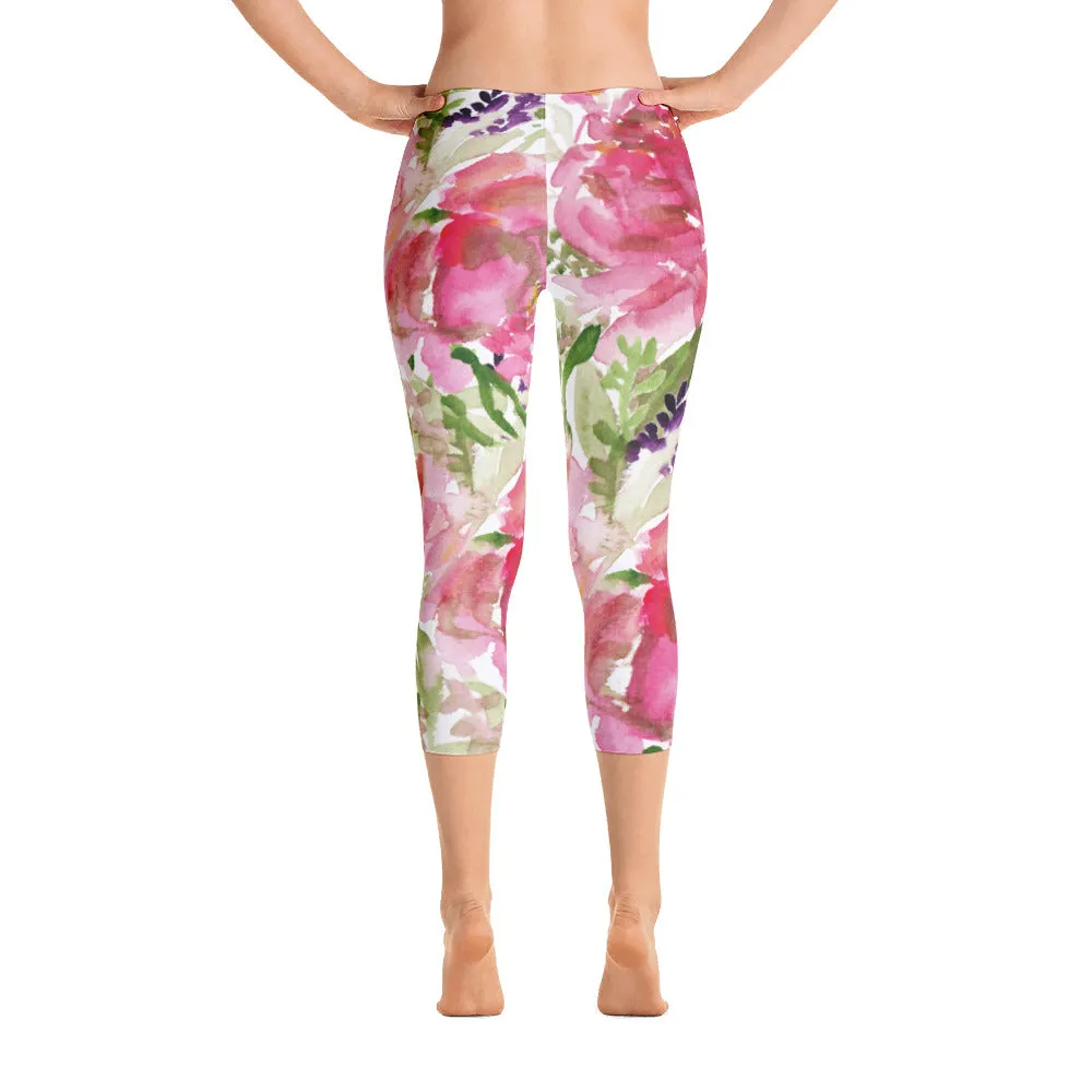 Pink Rose Flower Capris Tights, Girlie Floral Women's Athletic Capri Leggings Activewear - Made in USA