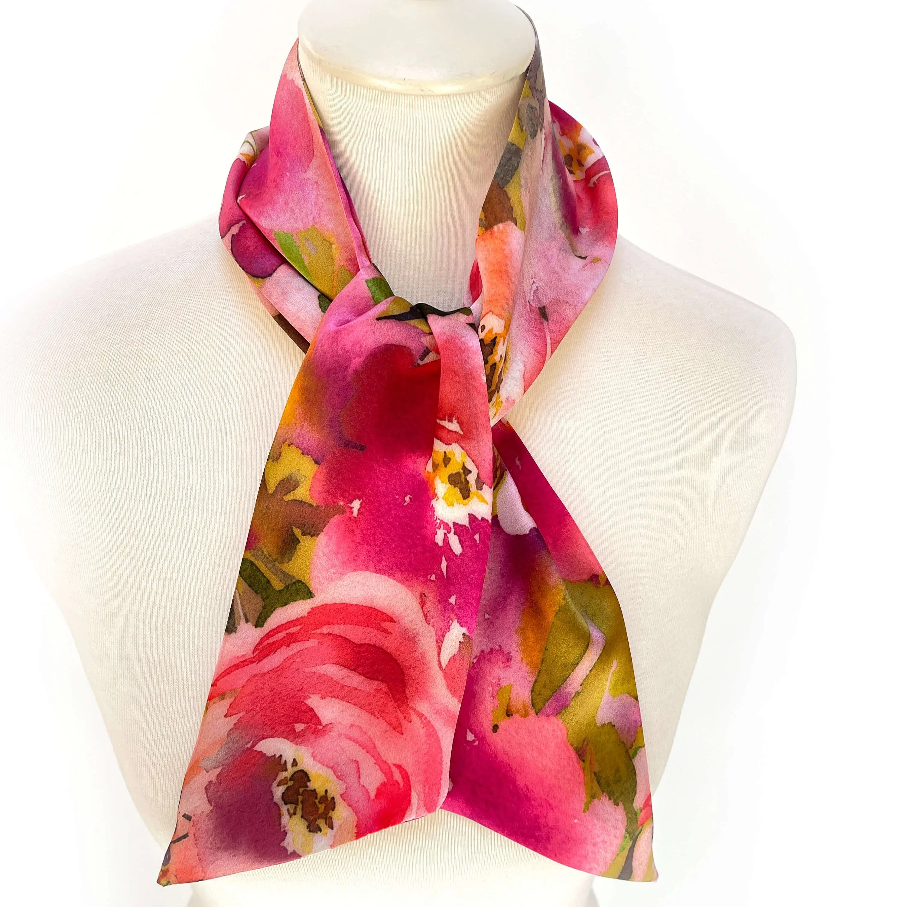 Pure Silk Scarf Fucshia Floral Watercolor, Womans Scarf, Hair Scarf, Neck Scarf, Headband, Designer Scarf, 100% Pure Silk