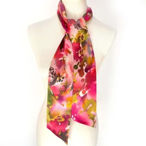 Pure Silk Scarf Fucshia Floral Watercolor, Womans Scarf, Hair Scarf, Neck Scarf, Headband, Designer Scarf, 100% Pure Silk