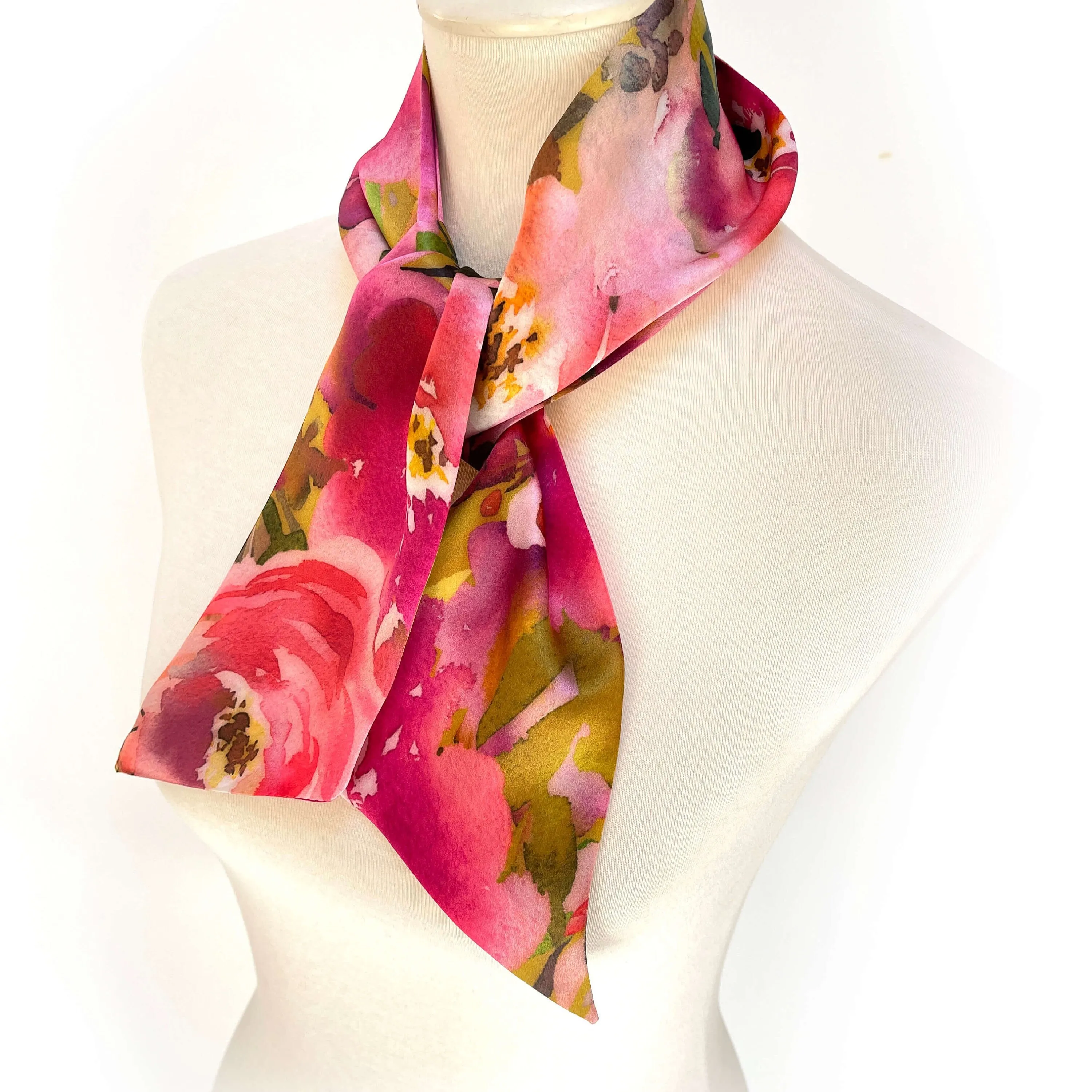 Pure Silk Scarf Fucshia Floral Watercolor, Womans Scarf, Hair Scarf, Neck Scarf, Headband, Designer Scarf, 100% Pure Silk