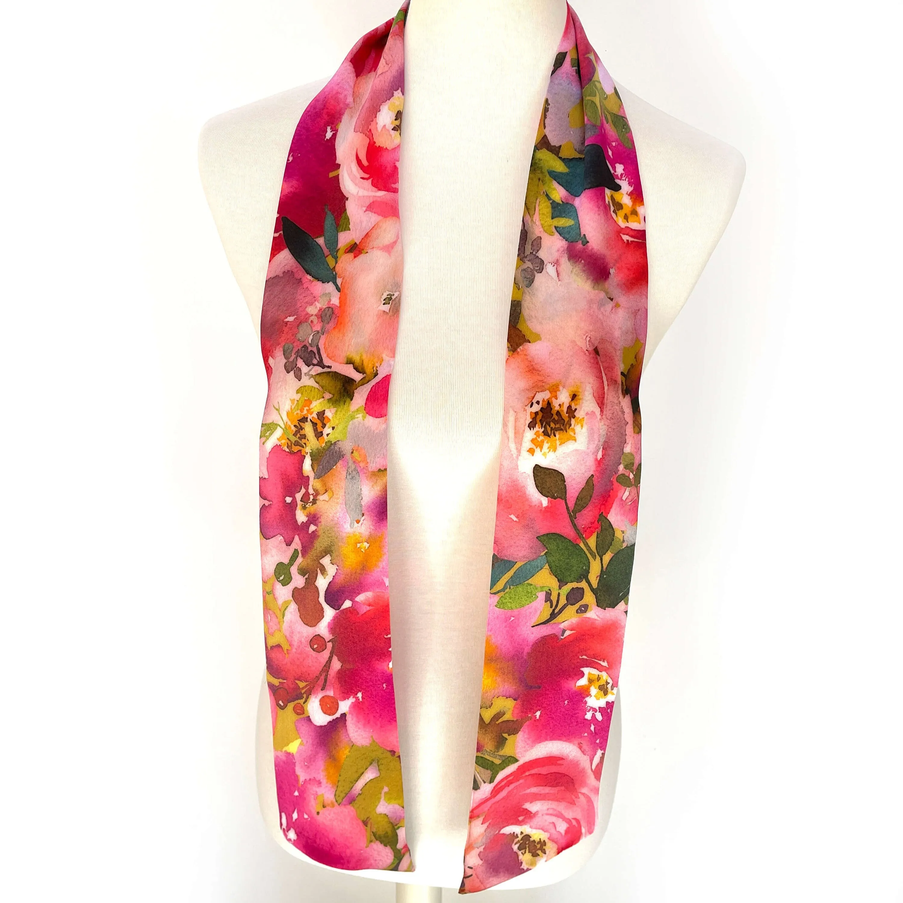 Pure Silk Scarf Fucshia Floral Watercolor, Womans Scarf, Hair Scarf, Neck Scarf, Headband, Designer Scarf, 100% Pure Silk