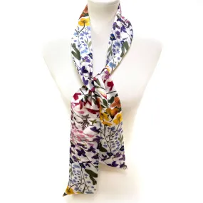 Pure Silk Scarf Pressed Flower Scarf on White, Womans Scarf, Hair Scarf, Neck Scarf, Headband, Designer Scarf, 100% Pure Silk