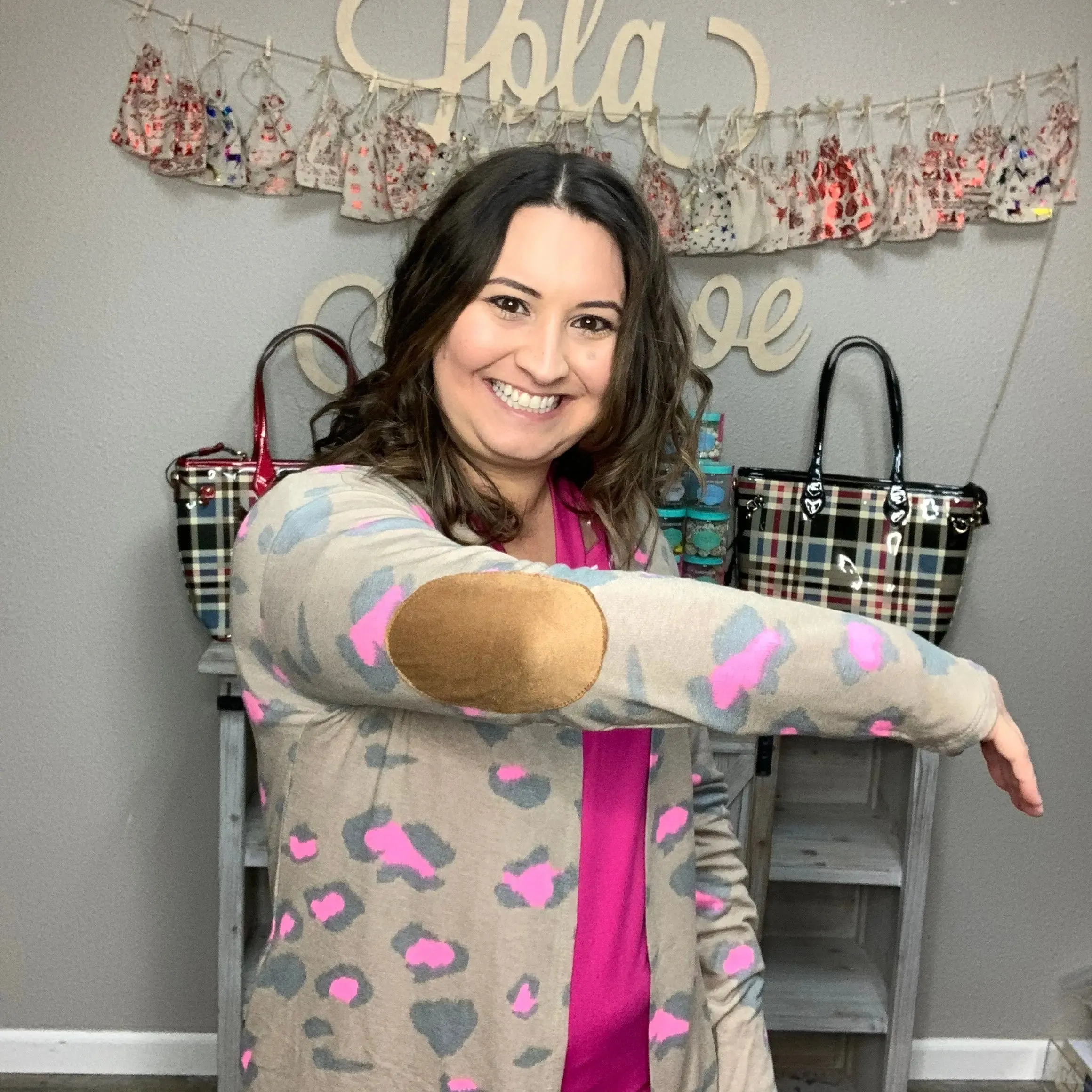 "Pink Professor" Animal Print Cardigan with Faux Suede Elbow Patches