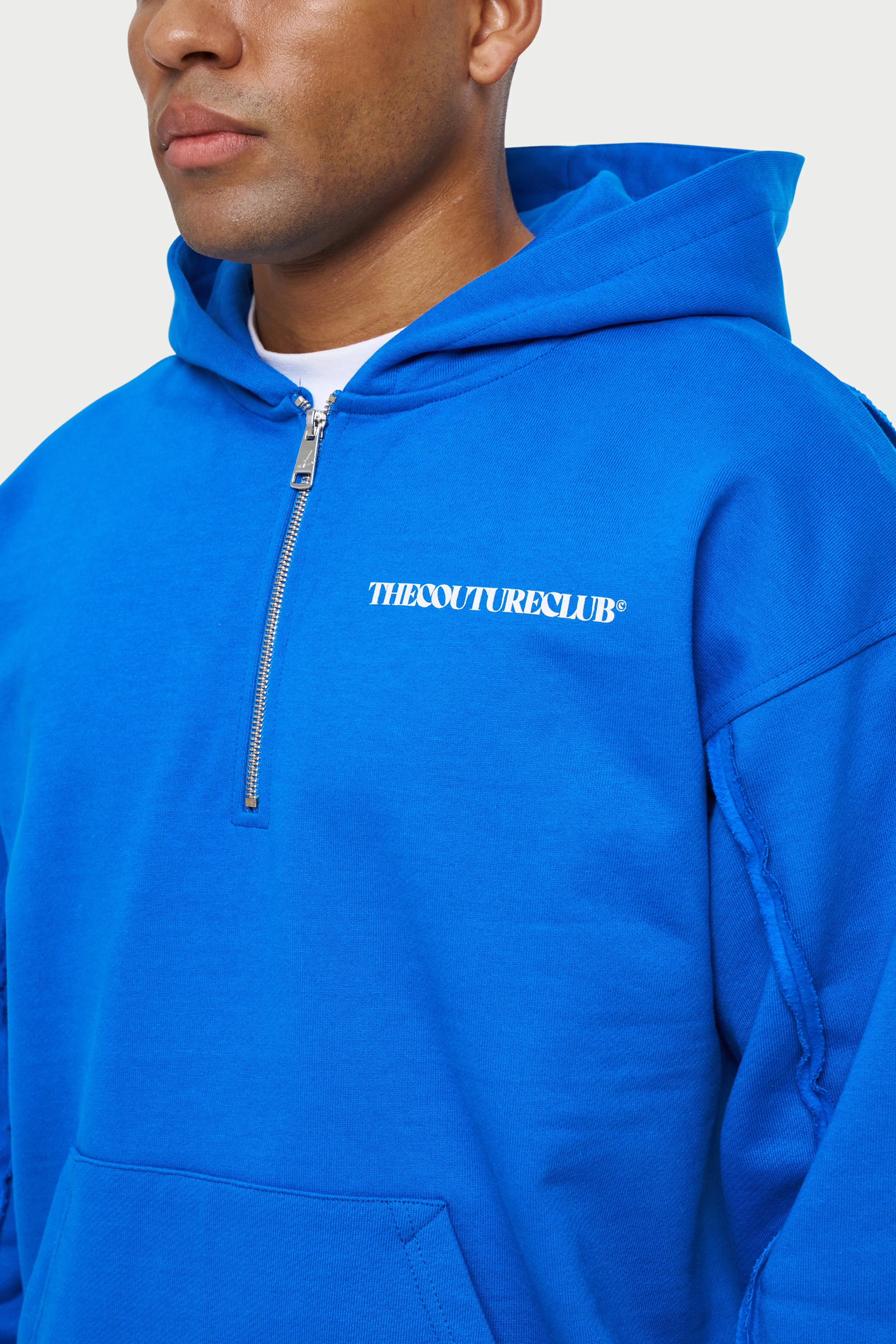 RAW SEAM QUARTER ZIP HOODIE - COBALT