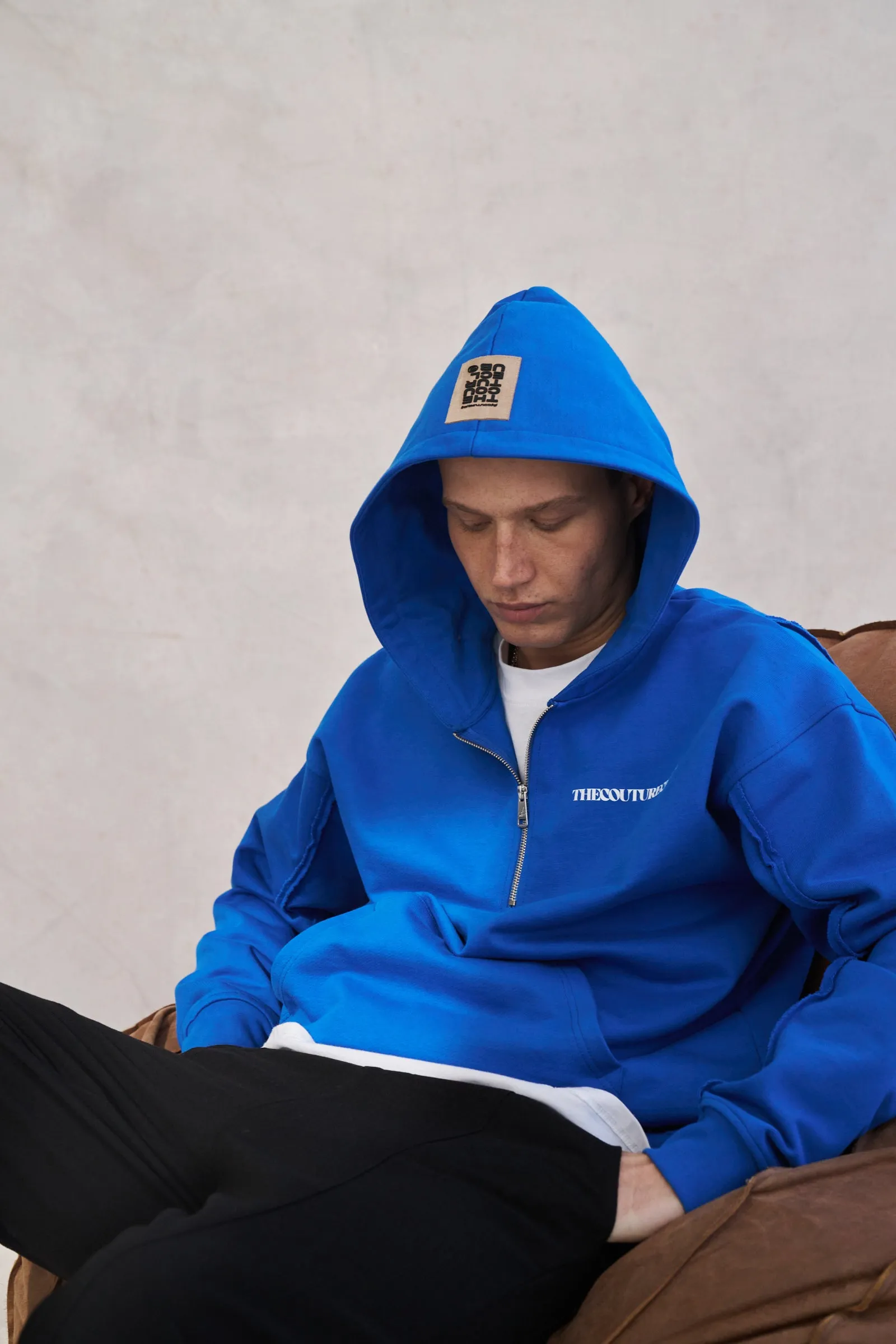 RAW SEAM QUARTER ZIP HOODIE - COBALT