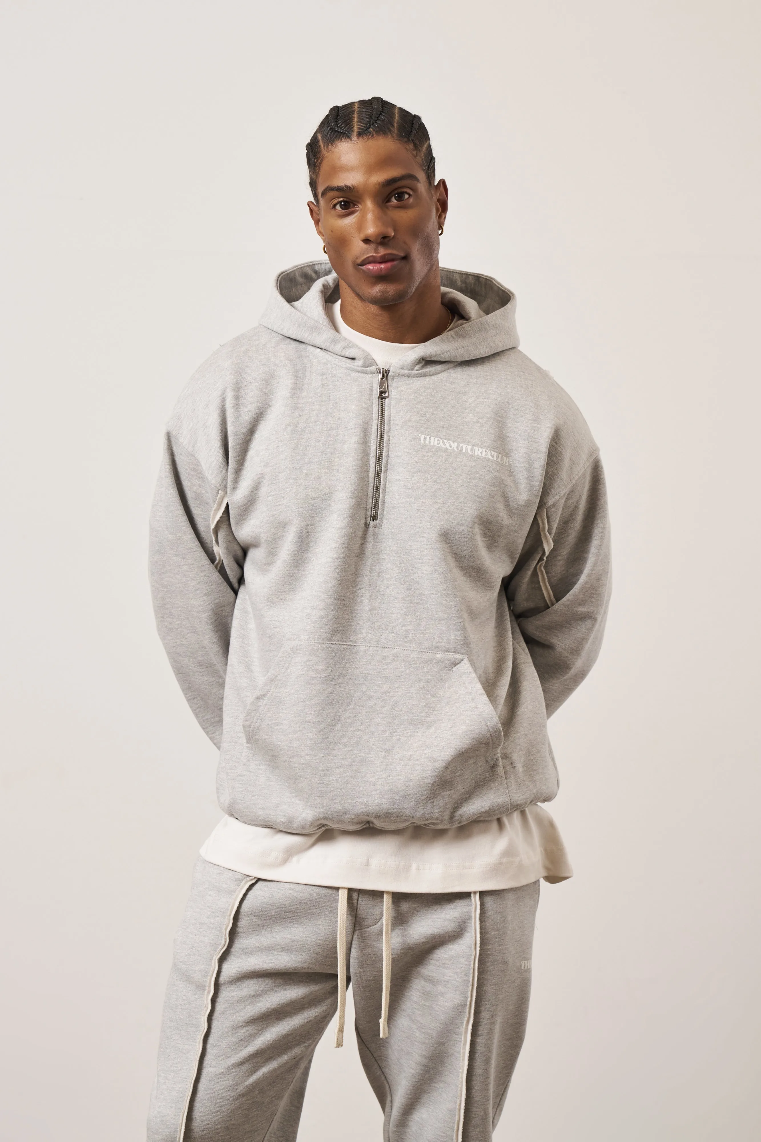 RAW SEAM QUARTER ZIP HOODIE - GREY MARL