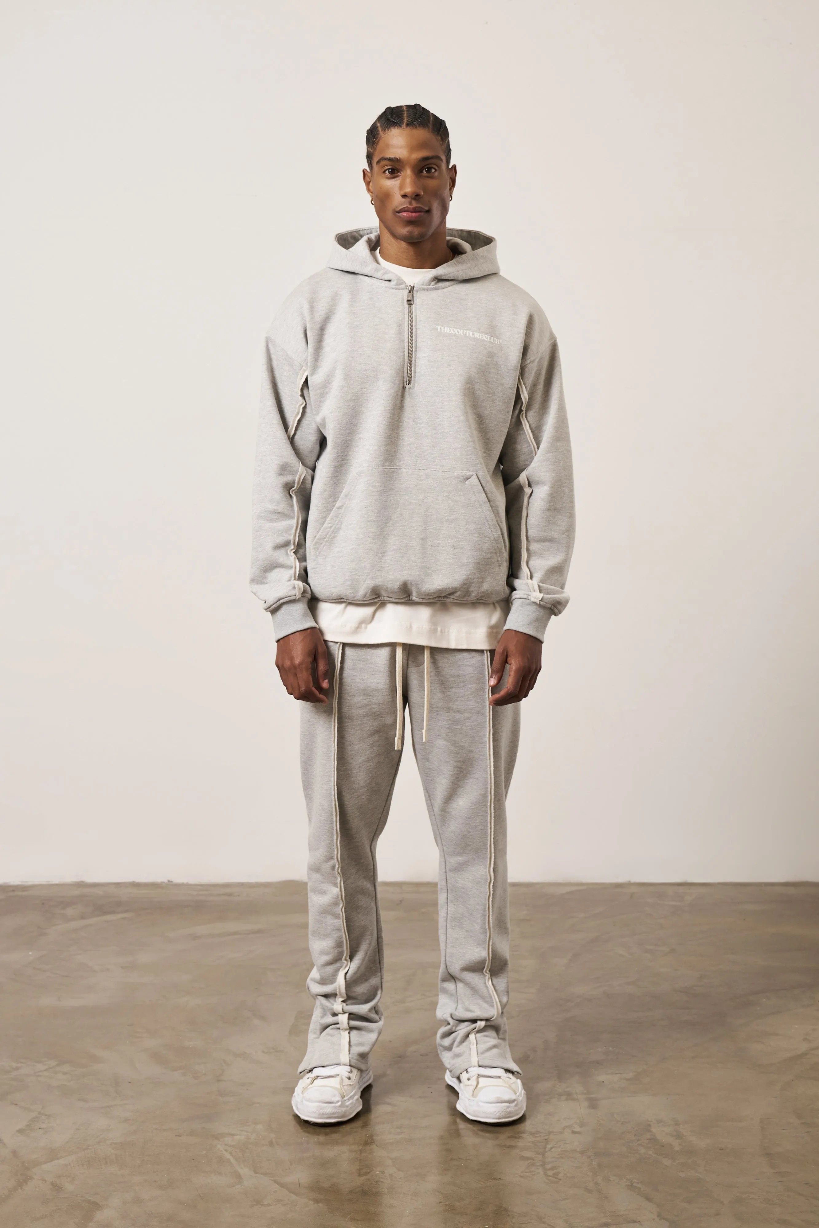 RAW SEAM QUARTER ZIP HOODIE - GREY MARL