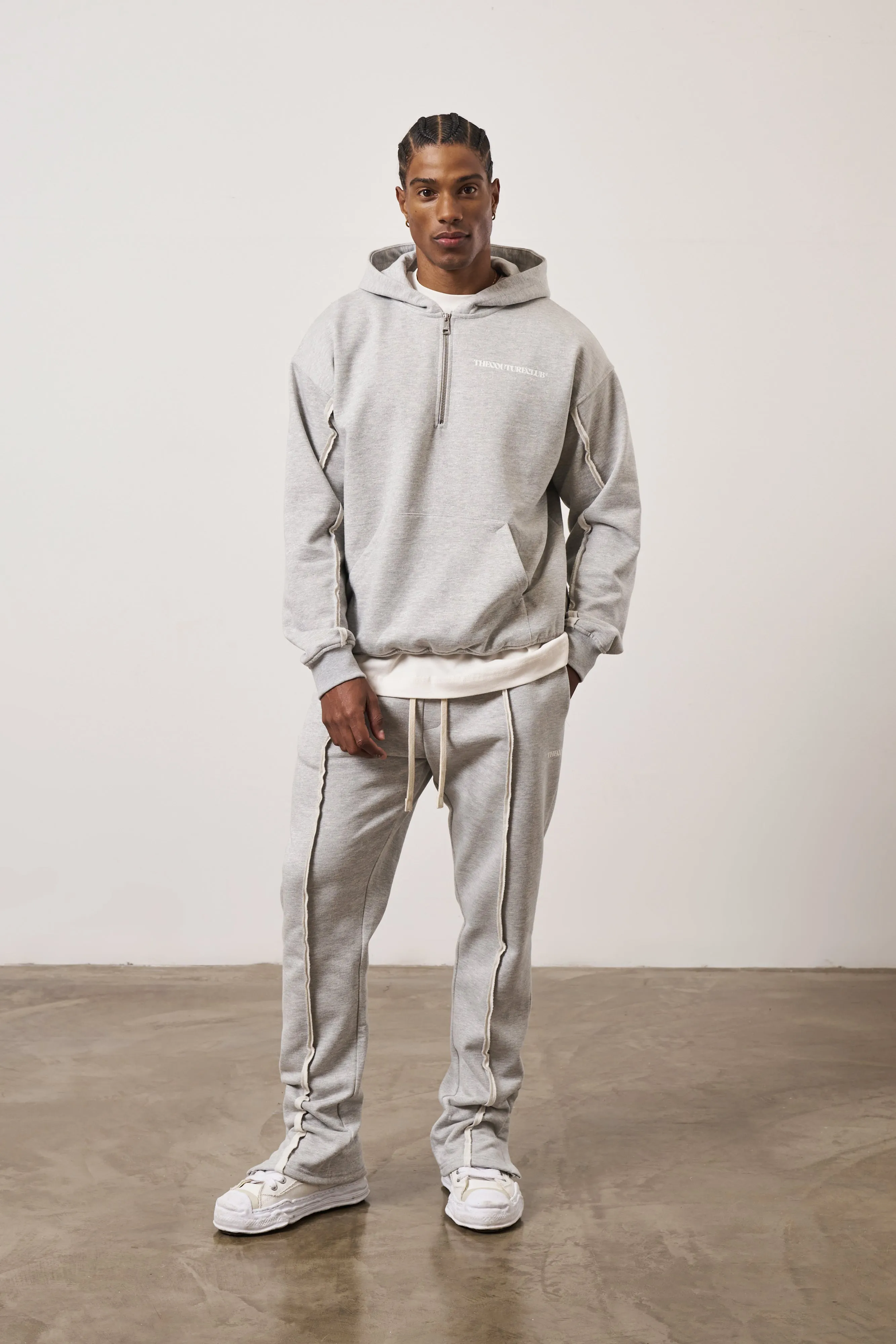 RAW SEAM QUARTER ZIP HOODIE - GREY MARL