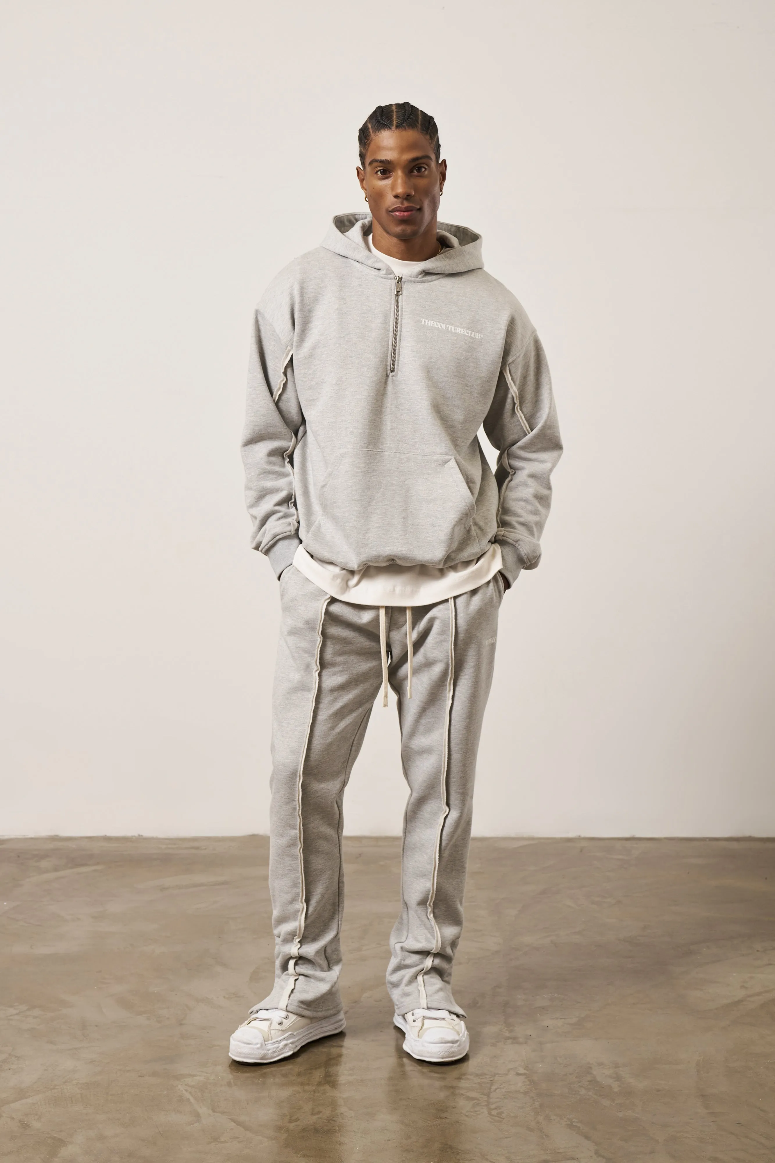 RAW SEAM QUARTER ZIP HOODIE - GREY MARL