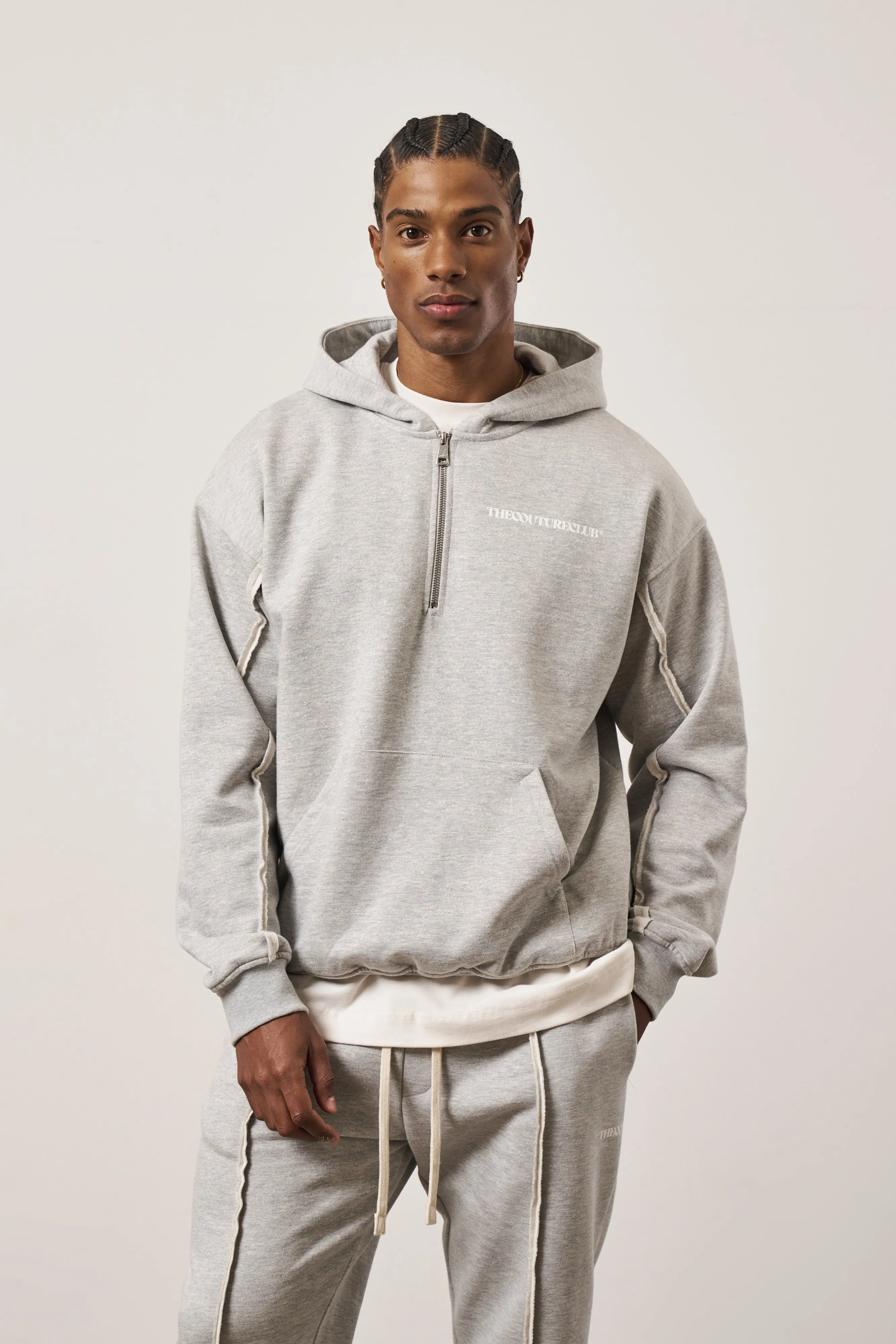 RAW SEAM QUARTER ZIP HOODIE - GREY MARL