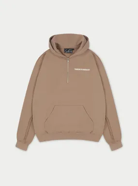 RAW SEAM QUARTER ZIP HOODIE - MOCHA