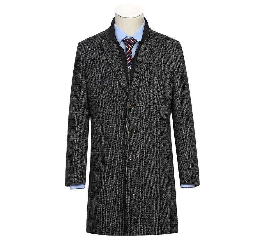 Renoir Mens Wool Blend Black/White Windowpane 3/4 Length Winter Coat with Neck Liner