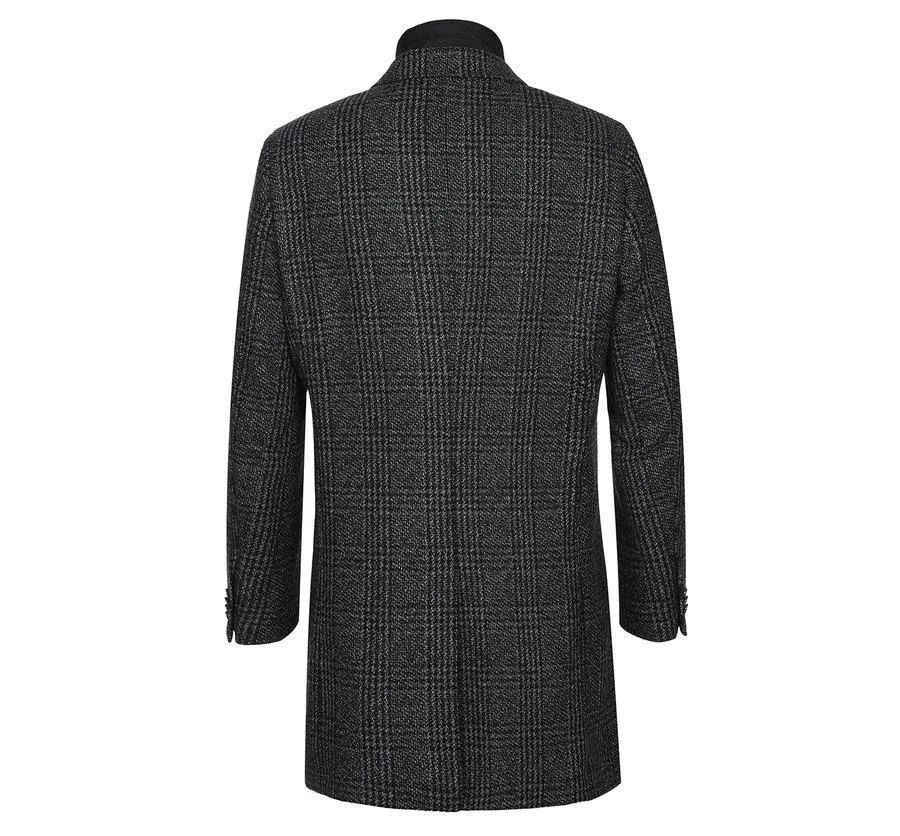 Renoir Mens Wool Blend Black/White Windowpane 3/4 Length Winter Coat with Neck Liner