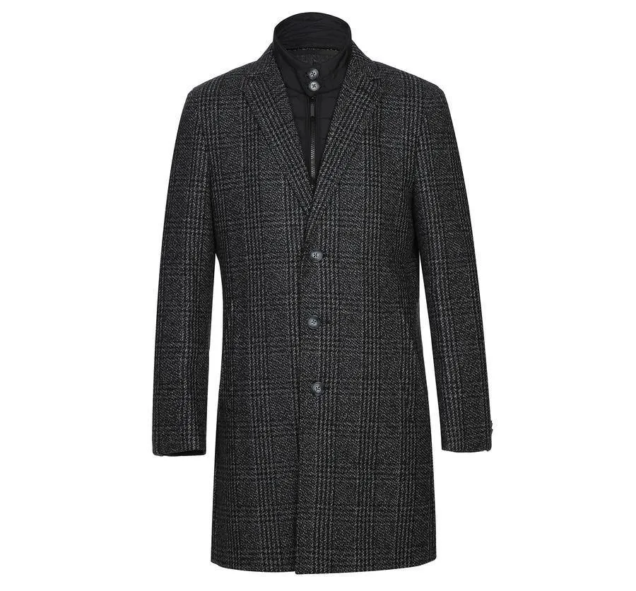 Renoir Mens Wool Blend Black/White Windowpane 3/4 Length Winter Coat with Neck Liner