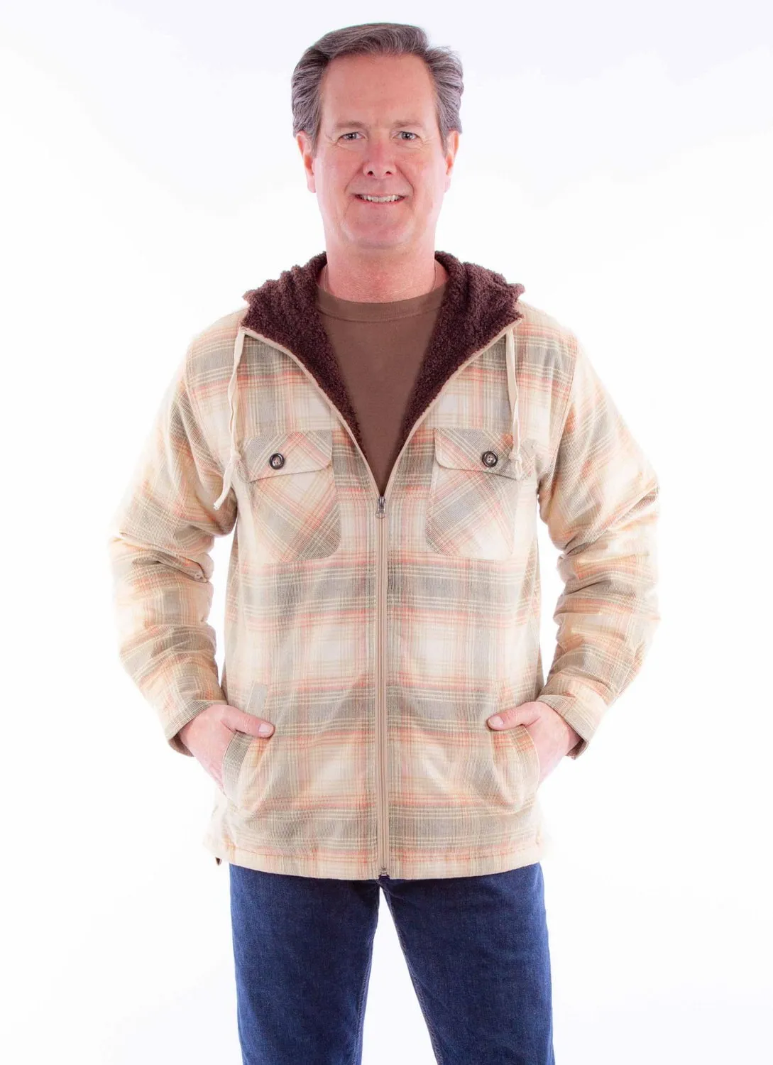 Scully Mens Sherpa Lined Tan/Red 100% Cotton Hoodie