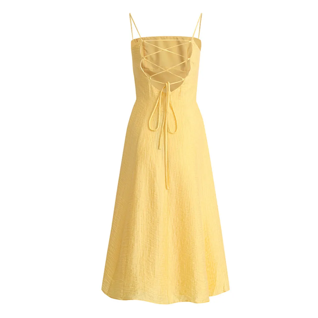 Sexy Lace Up Backless Square Neck Pleated Crinkled Midi Sundress