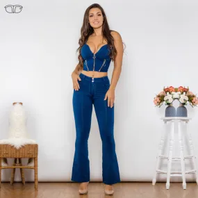 Shaper Set Dark Blue Bodysuit Zipper Push Up Top Middle Waist Flare Jeans Women Two Piece Clothes for Women