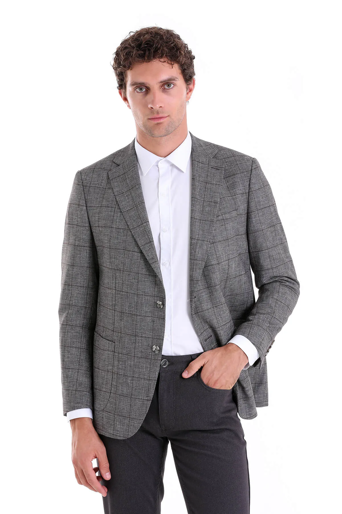 Slim Fit Notch Lapel Plaid Linen Burgundy Classic Blazer