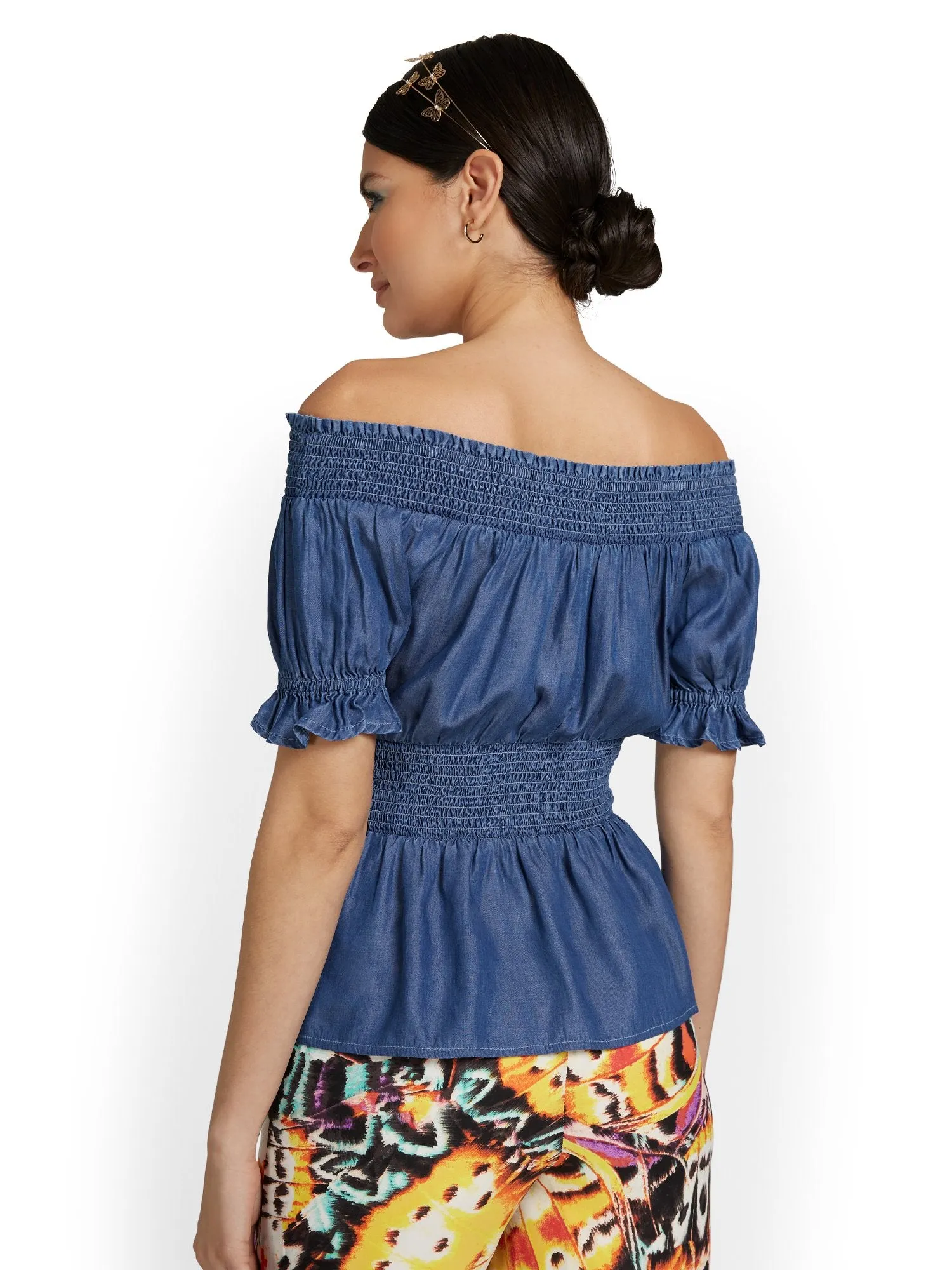 Smocked Off-The-Shoulder Denim Top