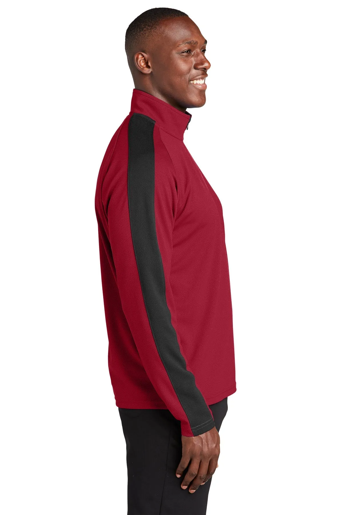 Sport-Tek Sport-Wick Textured Colorblock Custom 1/4-Zip Pullovers, Deep Red/ Black