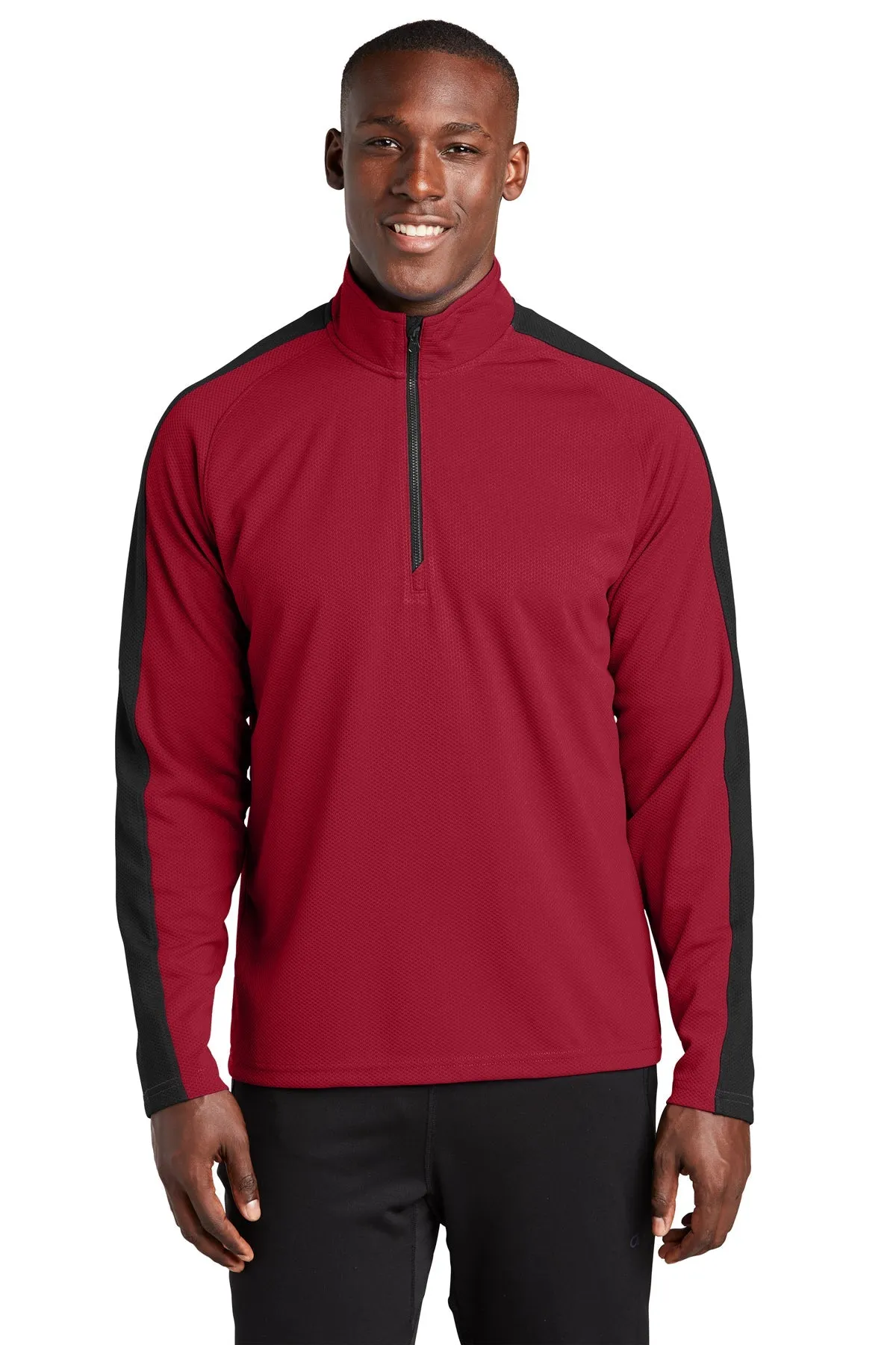 Sport-Tek Sport-Wick Textured Colorblock Custom 1/4-Zip Pullovers, Deep Red/ Black