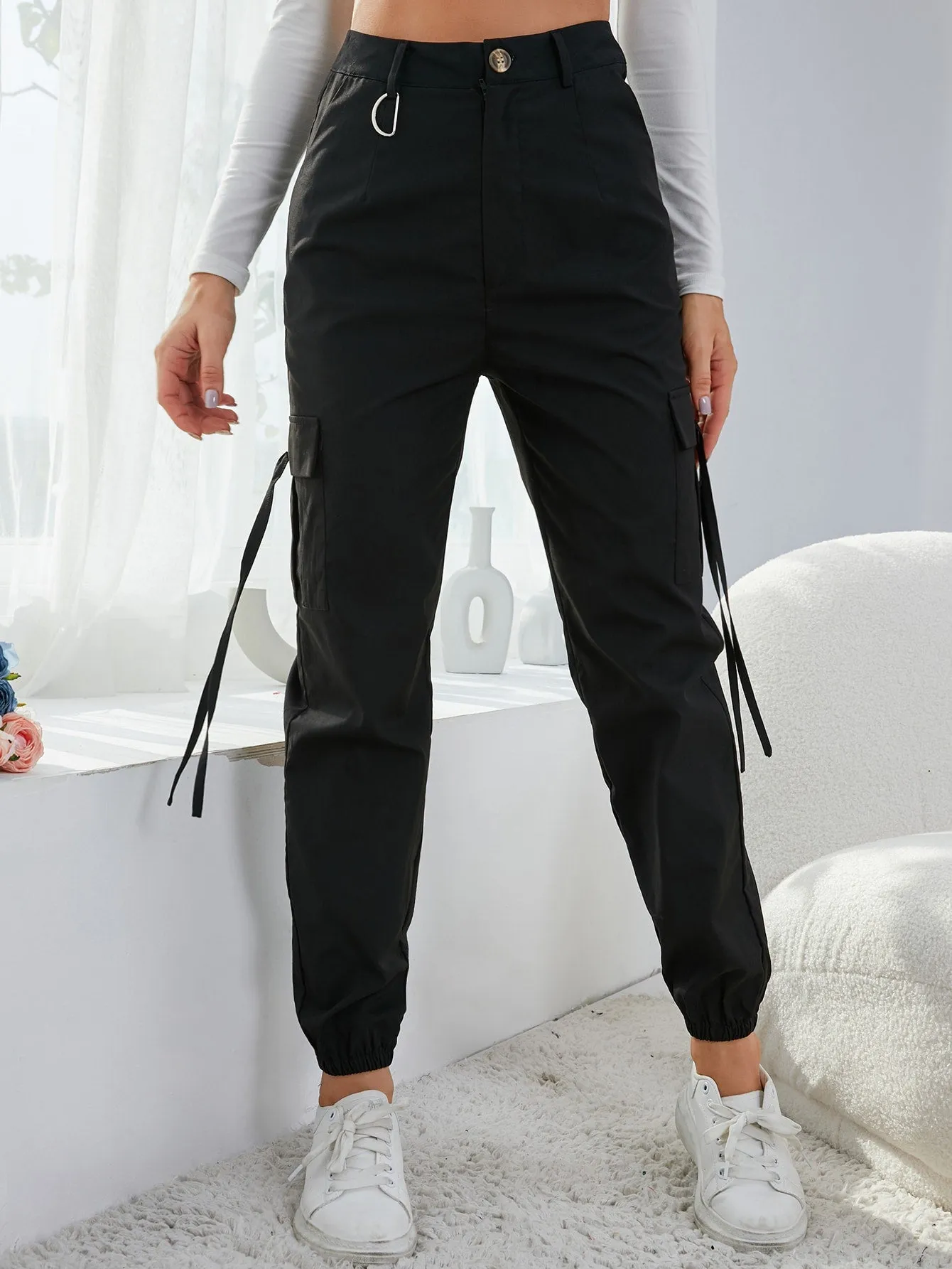 Sporty Plain Pocket Natural Long Women Pants