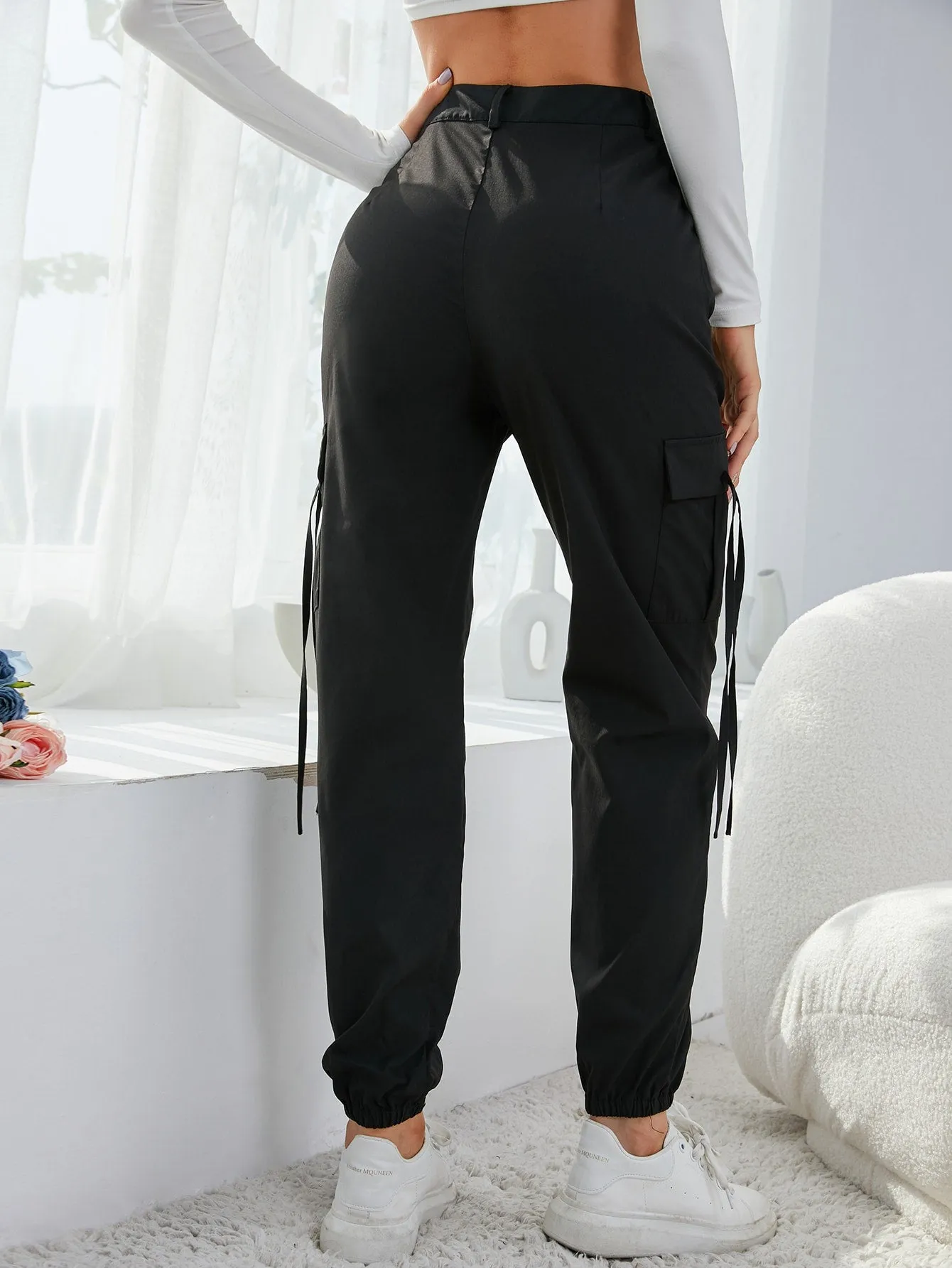 Sporty Plain Pocket Natural Long Women Pants