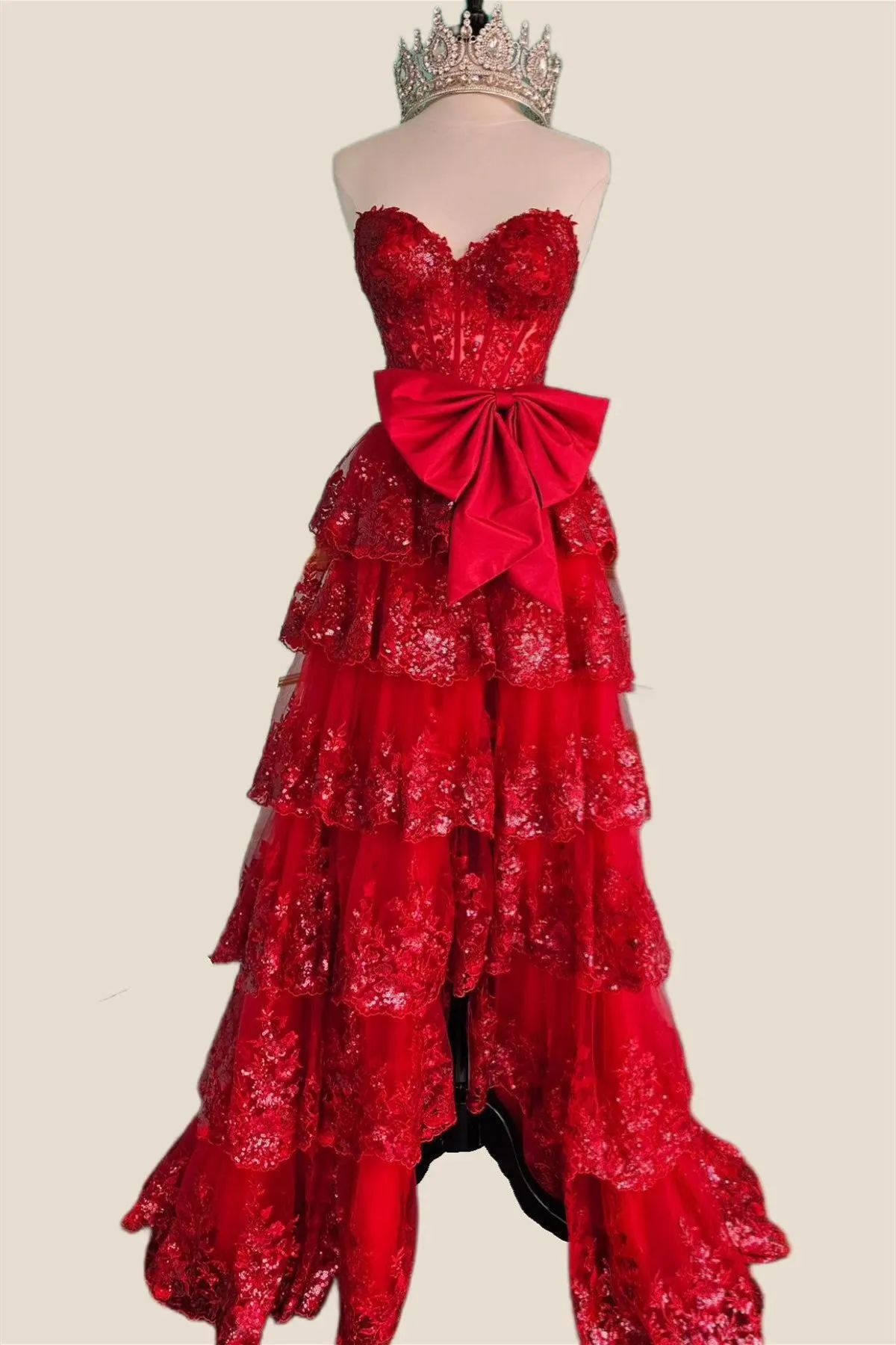 Strapless Red Sequin Tiered Long Dress with Slit