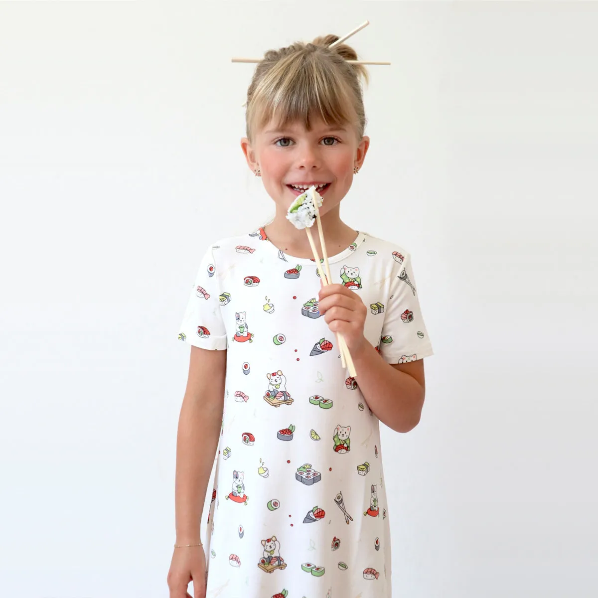 Sushi Cat Bamboo Girls' Short Sleeve Dress