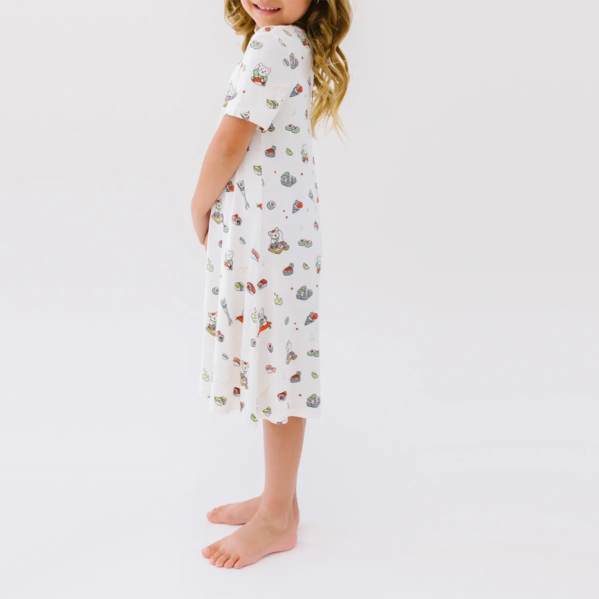 Sushi Cat Bamboo Girls' Short Sleeve Dress