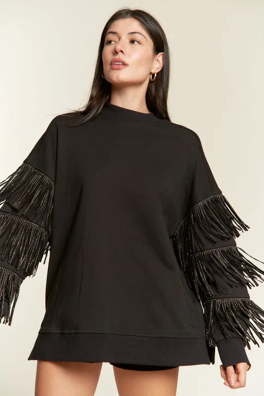 TEEK - Plus Size Silver Studded Fringe Sleeve Top